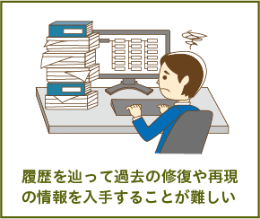 履歴を辿って過去の修復や再現の情報を入手することが難しい